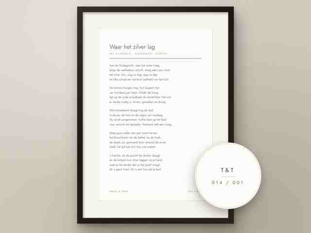 Poem 014 by Trace & Tone, Where the silver lay, framed with a mount on a wall. A magnifier shows the mark and the number.