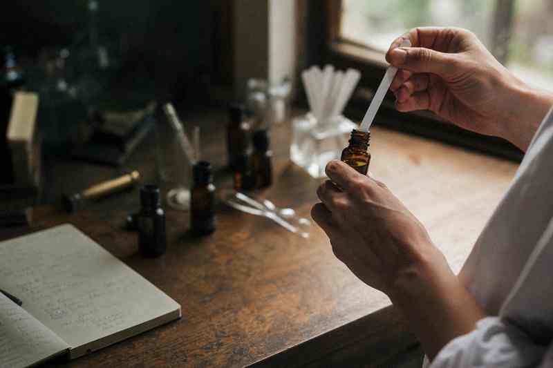 Een hand druppelt een geur op een geurstrook naast een notitieboek