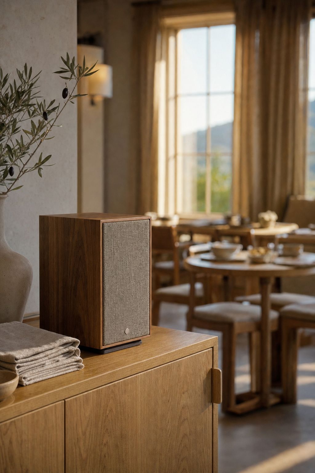 A wooden speaker on a sideboard in a breakfast room in the morning, with empty tables in the sunlight