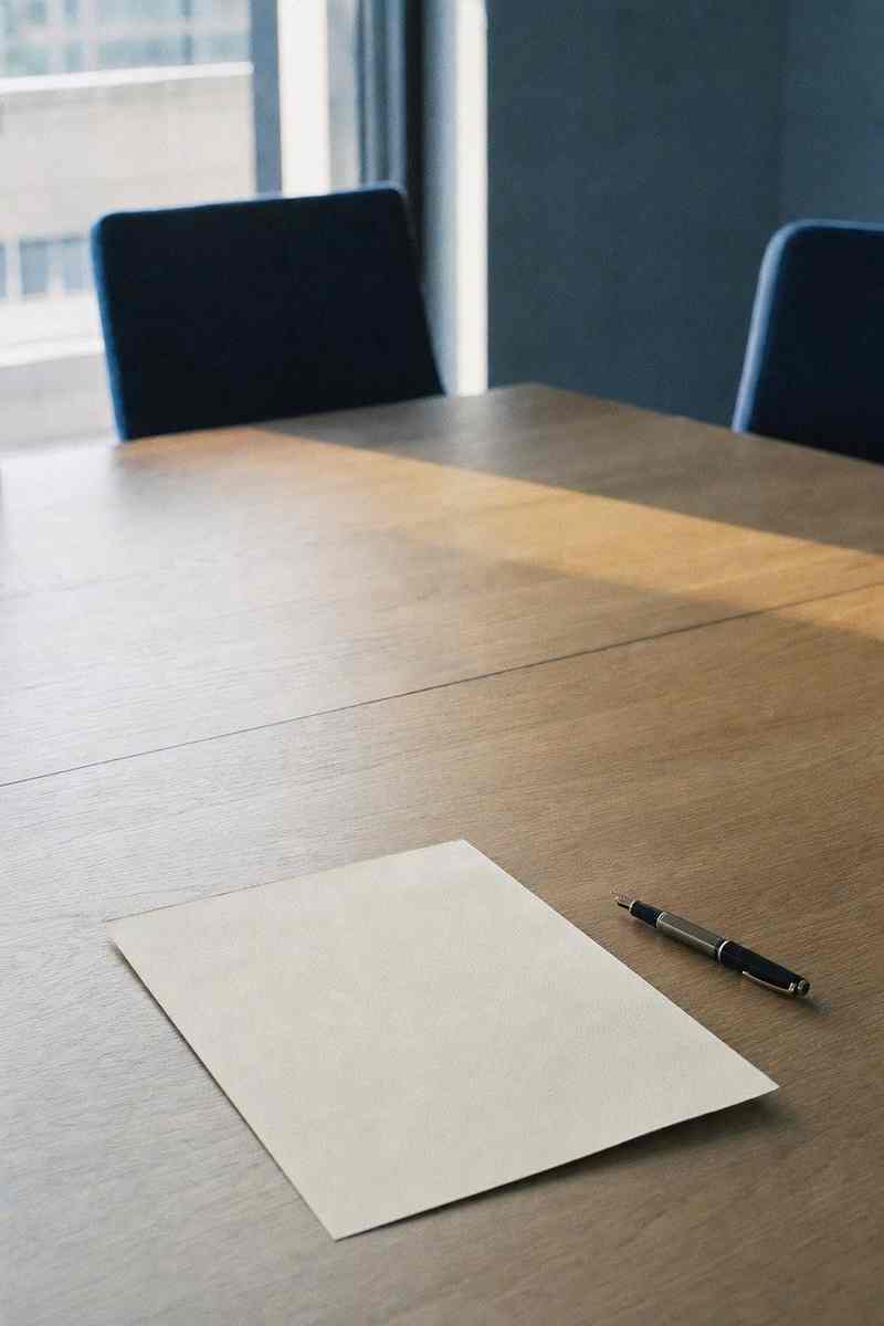 Een vel papier en een pen op een lange houten vergadertafel met blauwe stoelen
